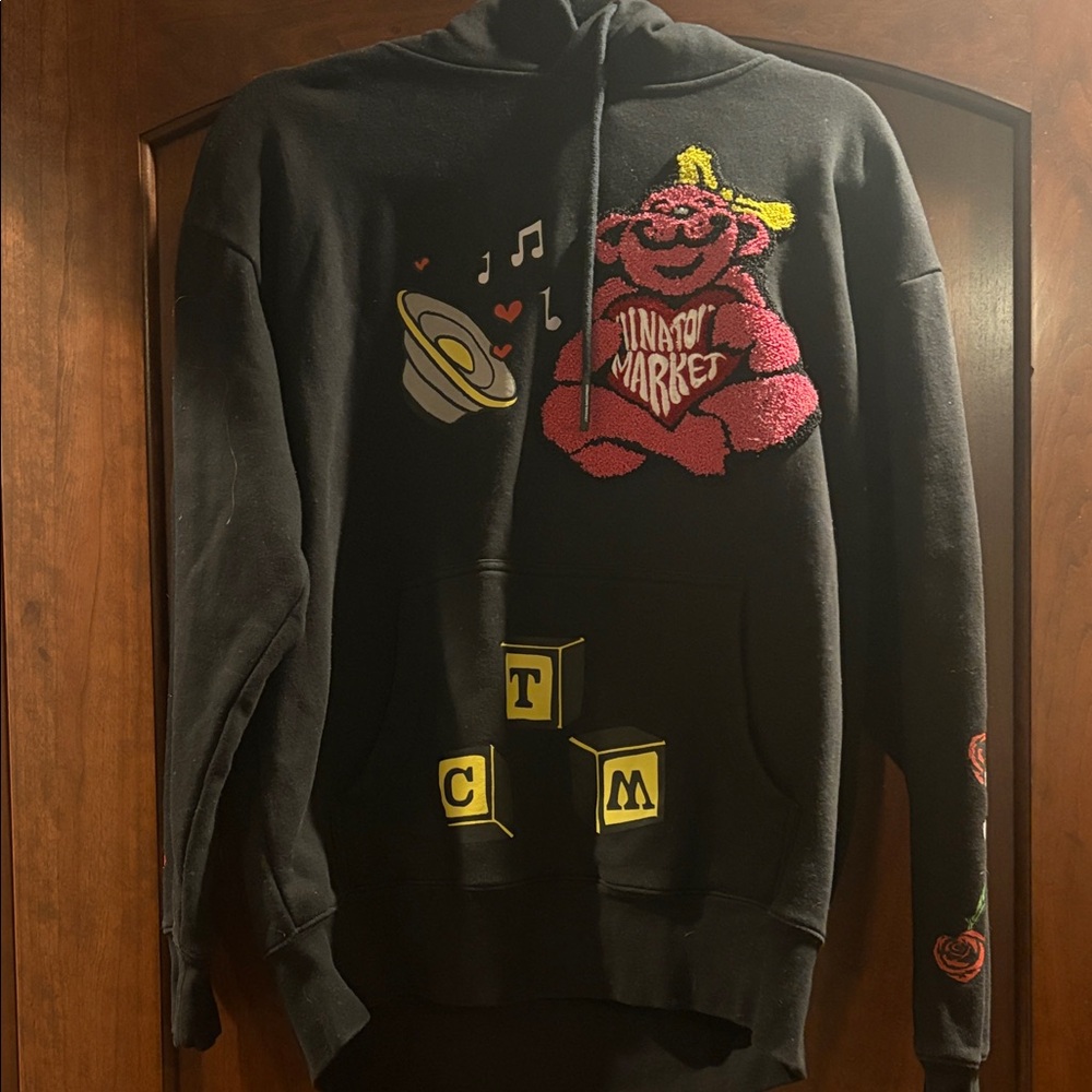 Black Graphic Hoodie with Colorful Designs